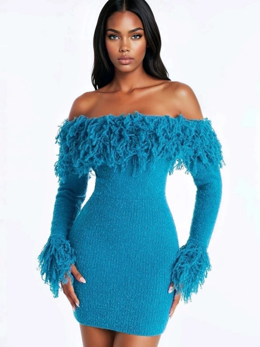 Blue Fringe Off Shoulder Sweater Mini Dress Size 4